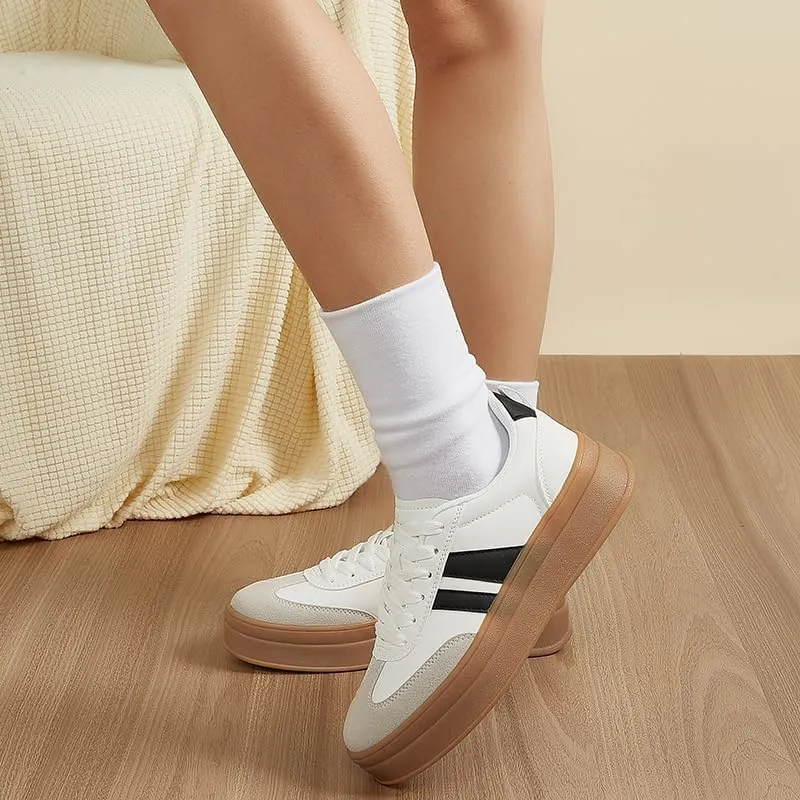 Women's Chunky Platform Sneakers - Retro Vintage Leather Casual Tennis Shoes- Thick Rubber Gum Sole Low Top Lace-Up Classic Walking Shoes