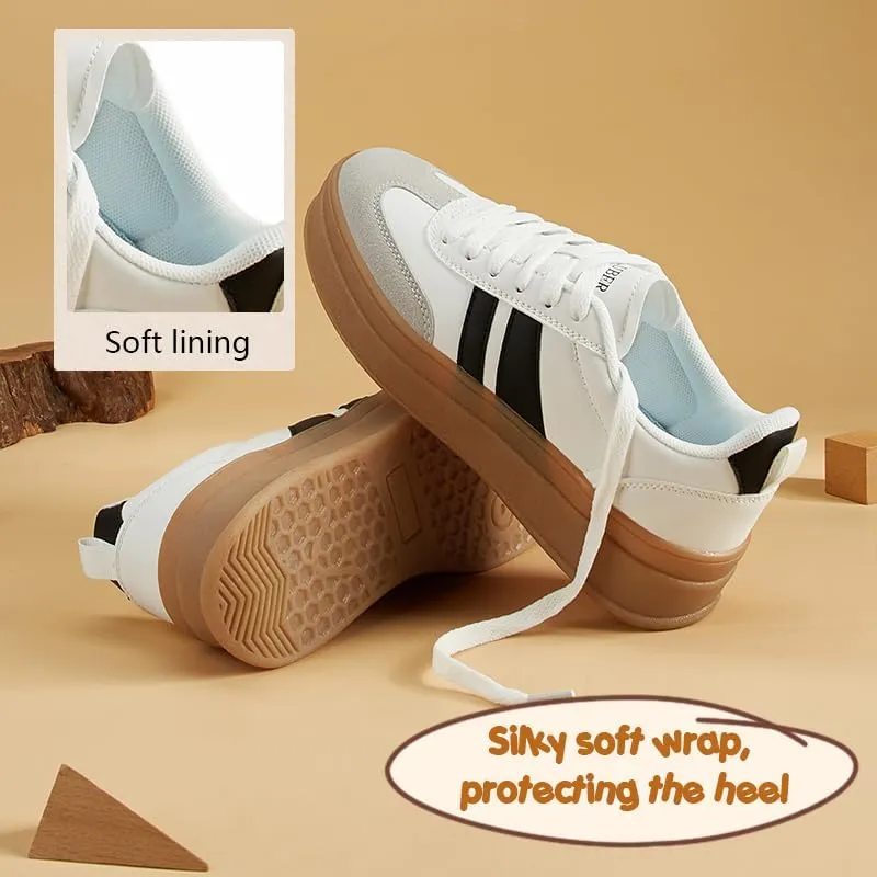 Women's Chunky Platform Sneakers - Retro Vintage Leather Casual Tennis Shoes- Thick Rubber Gum Sole Low Top Lace-Up Classic Walking Shoes