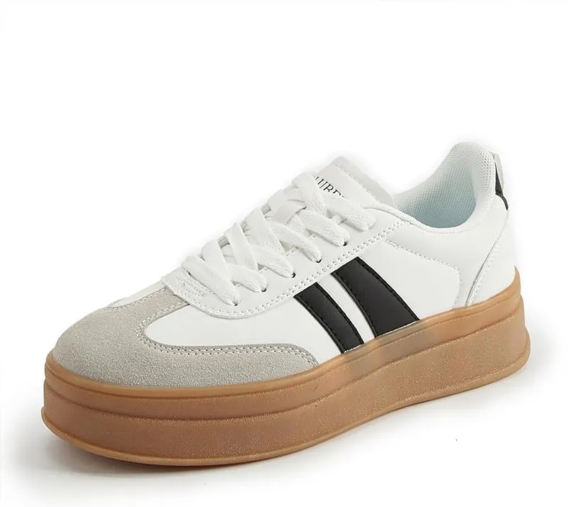 Women's Chunky Platform Sneakers - Retro Vintage Leather Casual Tennis Shoes- Thick Rubber Gum Sole Low Top Lace-Up Classic Walking Shoes