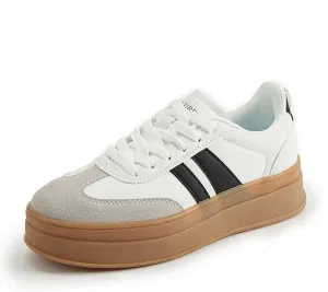 Women's Chunky Platform Sneakers - Retro Vintage Leather Casual Tennis Shoes- Thick Rubber Gum Sole Low Top Lace-Up Classic Walking Shoes