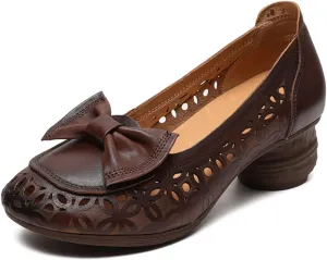 Women's Cowhide Ethnic Style Hollow Type Chunky Heel Loafers Baotou Open-Back Bow Non-Slip Comfort Breathable Soft Bottom Slip-On Vintage Pumps Shoe Artistic Mother Shoes
