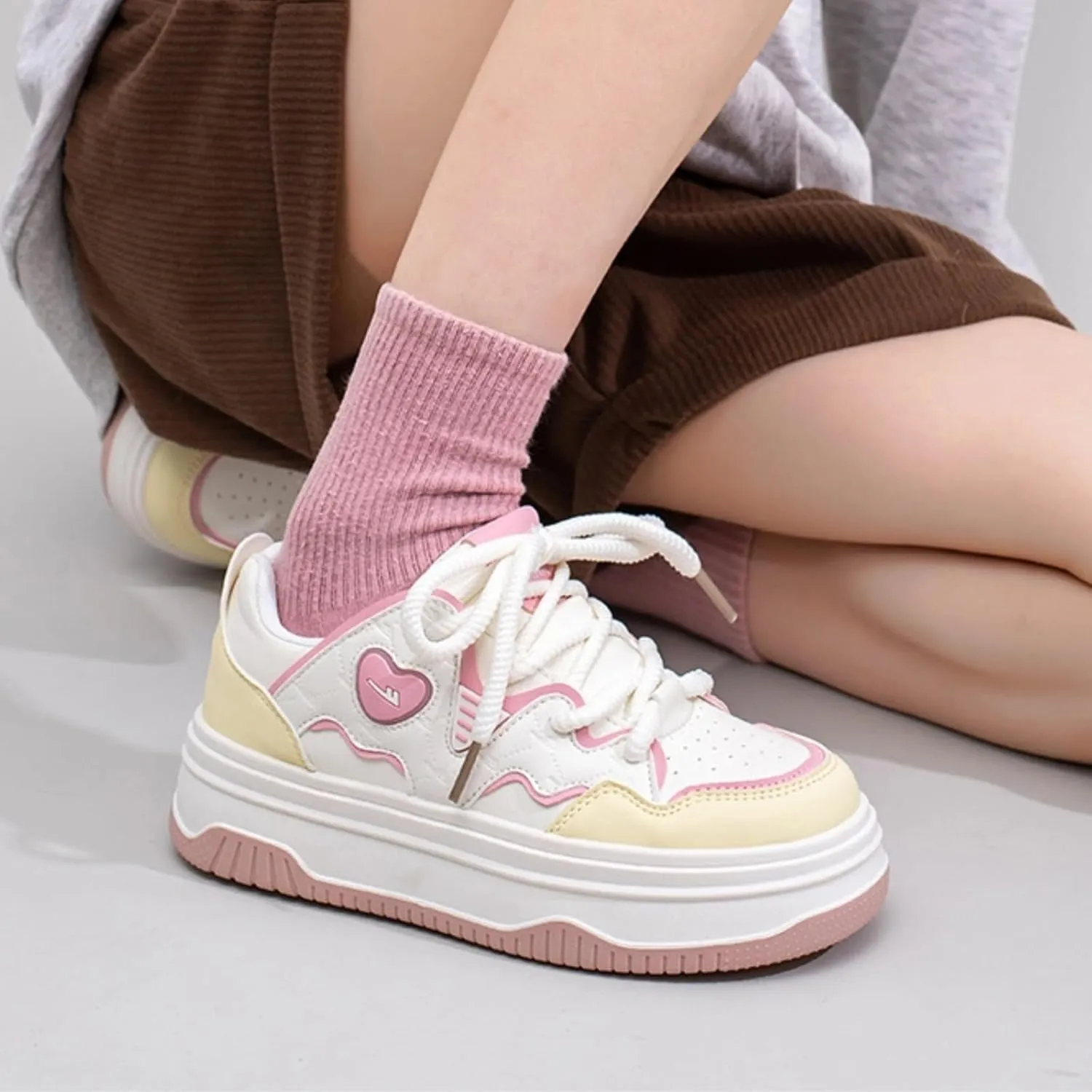 Women's Cute Chunky Sneakers, Sweet Heart Pattern Platform Shoes, Y2K Preppy Skate Casual Daily Wear, Height Boost