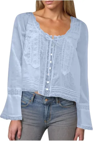 Women's Fashion Boho Chiffon Shirts Lace Hollow Out Button Down Long Sleeves Cardigan Y2k Crop Tops Vacation Tops