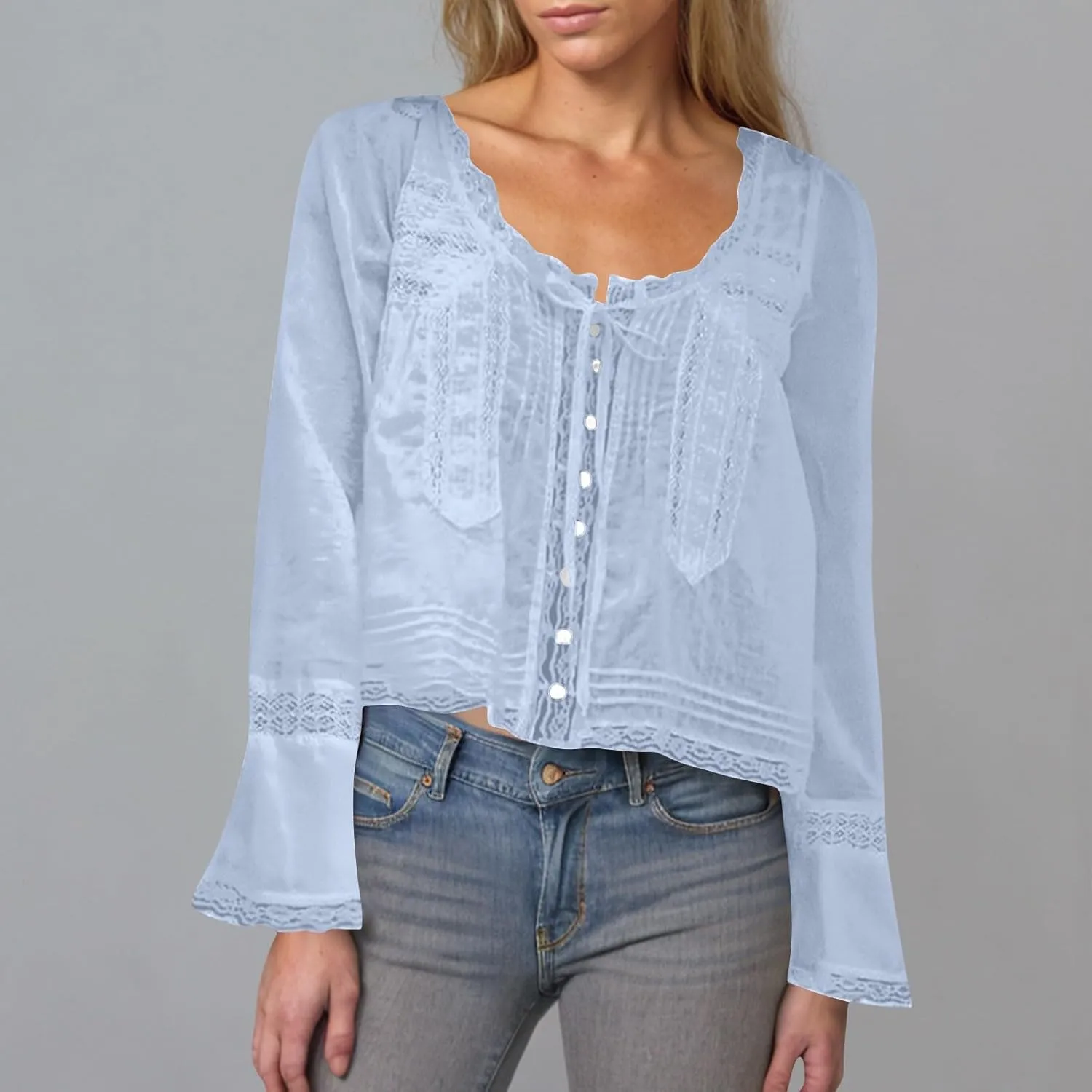 Women's Fashion Boho Chiffon Shirts Lace Hollow Out Button Down Long Sleeves Cardigan Y2k Crop Tops Vacation Tops