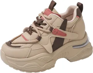 Womens Fashion Lace-Up Leather Chunky Sneakers Round Toe Platform Non-Slip Casual Sport Shoes for Walking Workout Driving
