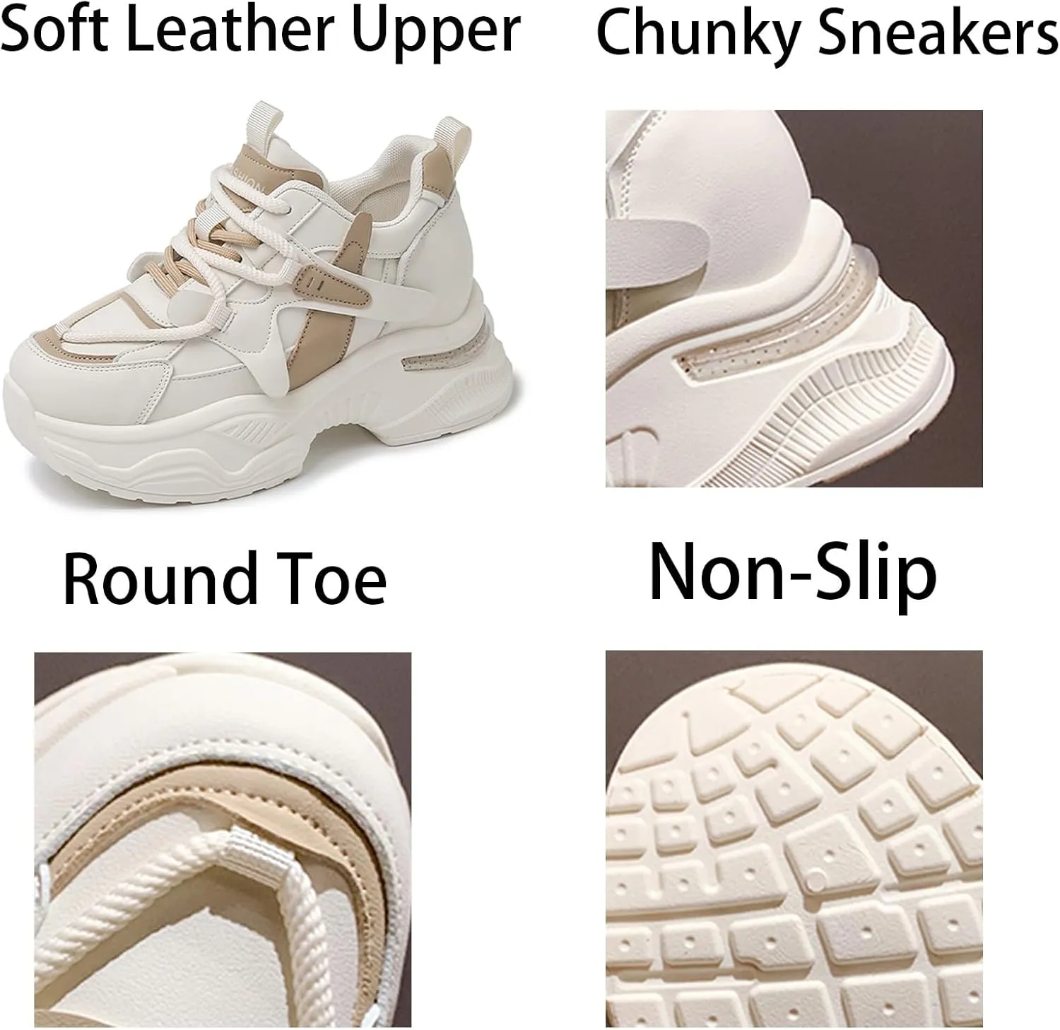 Womens Fashion Lace-Up Leather Chunky Sneakers Round Toe Platform Non-Slip Casual Sport Shoes for Walking Workout Driving