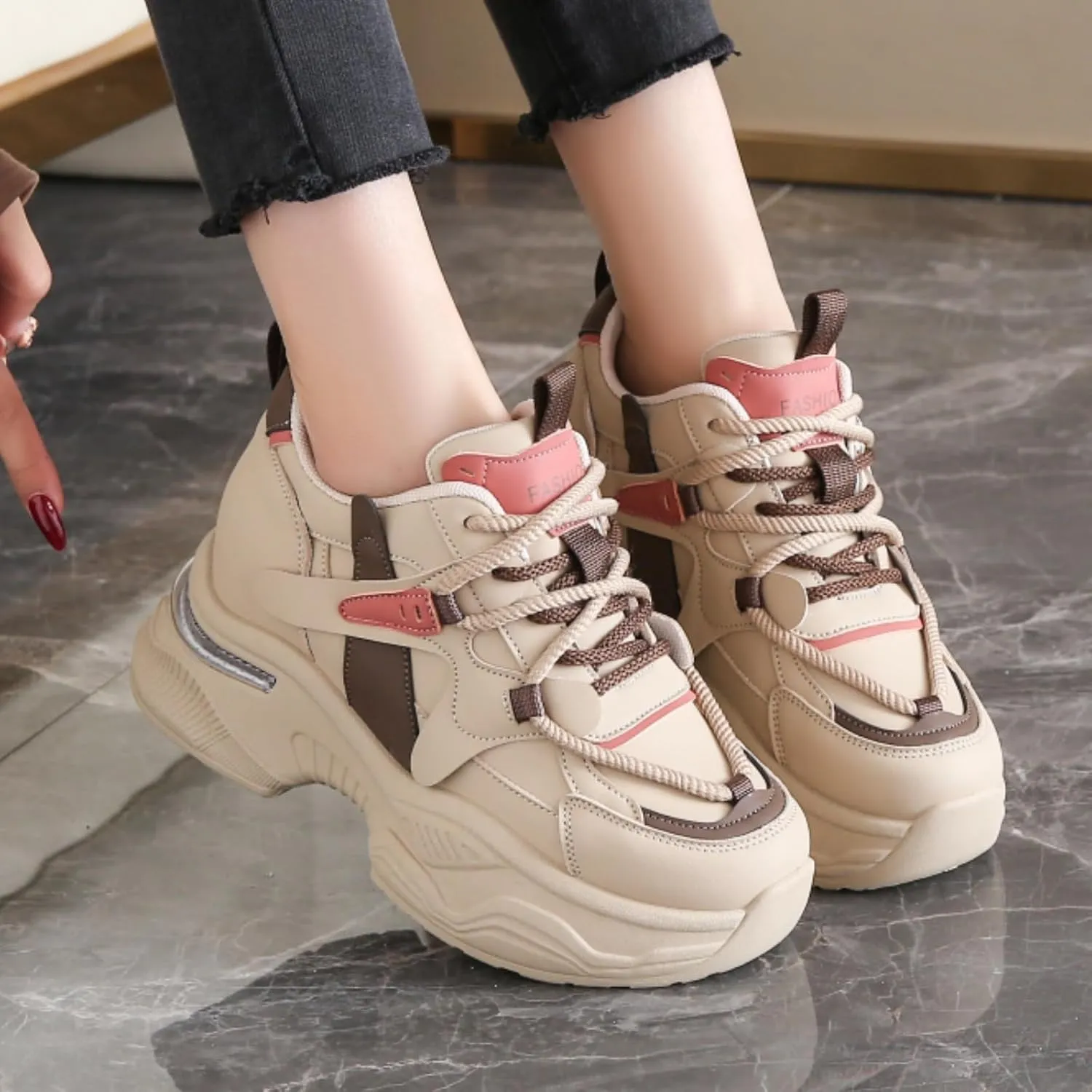 Womens Fashion Lace-Up Leather Chunky Sneakers Round Toe Platform Non-Slip Casual Sport Shoes for Walking Workout Driving
