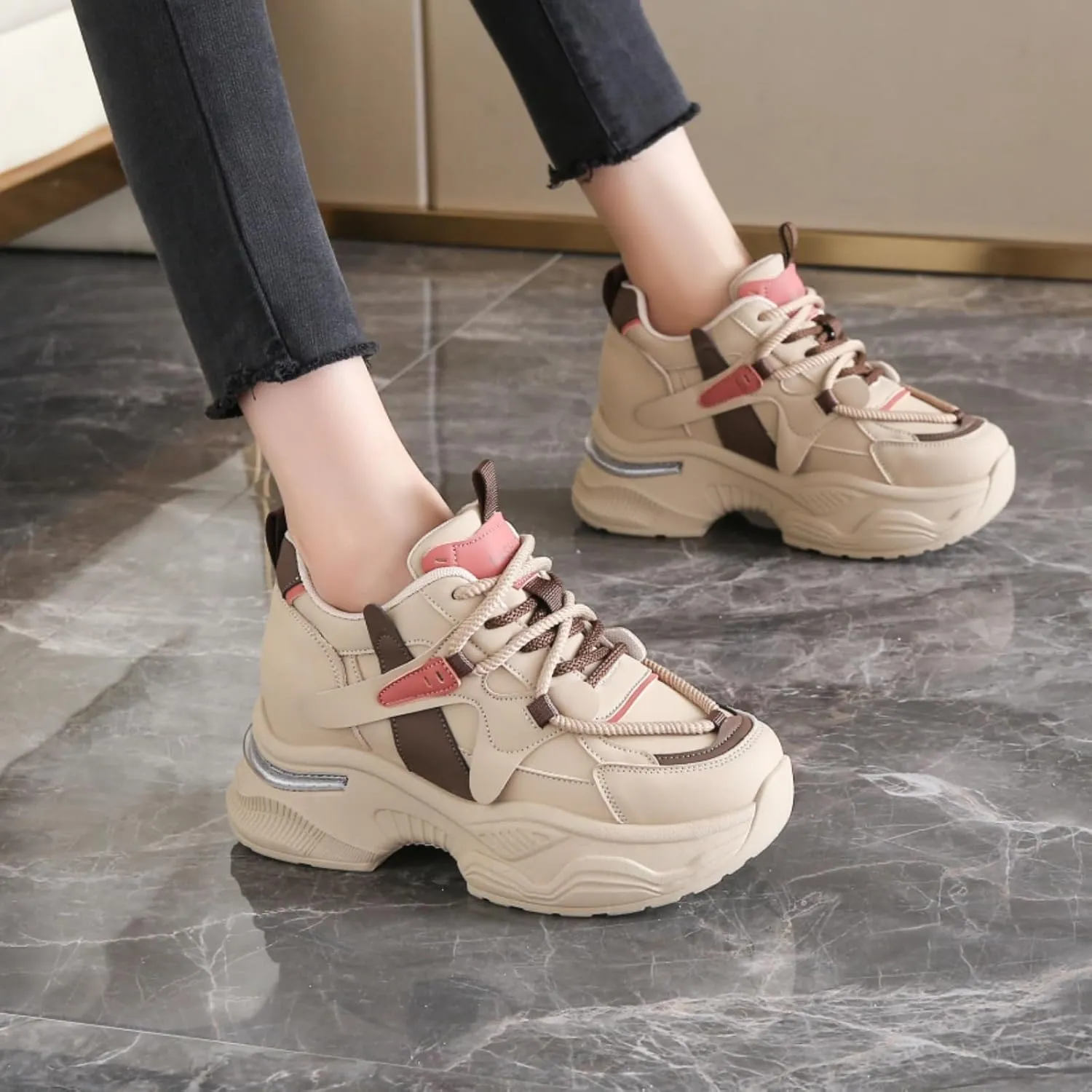 Womens Fashion Lace-Up Leather Chunky Sneakers Round Toe Platform Non-Slip Casual Sport Shoes for Walking Workout Driving