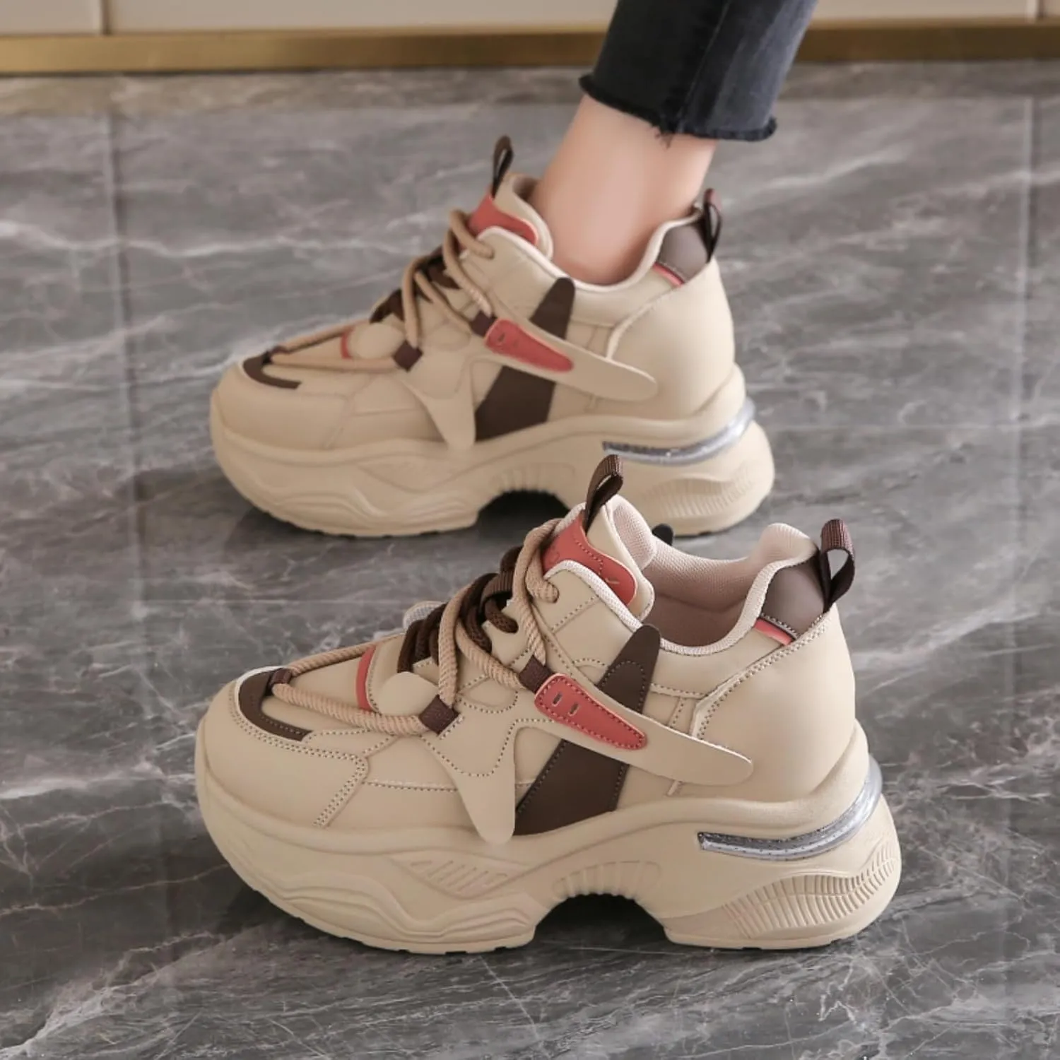 Womens Fashion Lace-Up Leather Chunky Sneakers Round Toe Platform Non-Slip Casual Sport Shoes for Walking Workout Driving