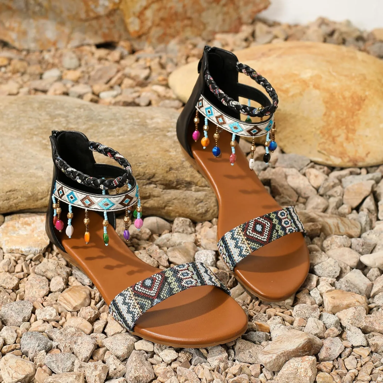Women's Flat Sandals Soft Leather Sandal Comfortable Retro Boho Sandals Summer Casual Roman Style Daily Wear Shoes