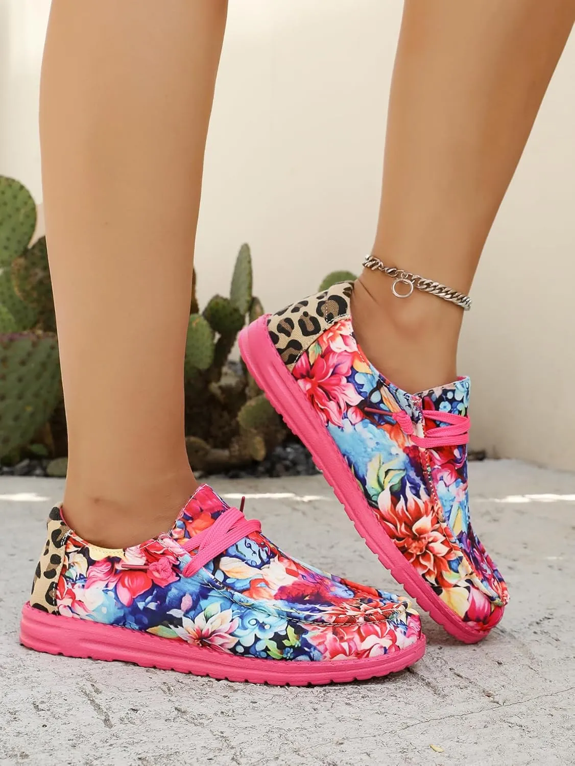 Women's Floral & Leopard Print Sneakers – Playful Summer Casual Shoes – Vibrant Walking Shoes for Vacations & Outings