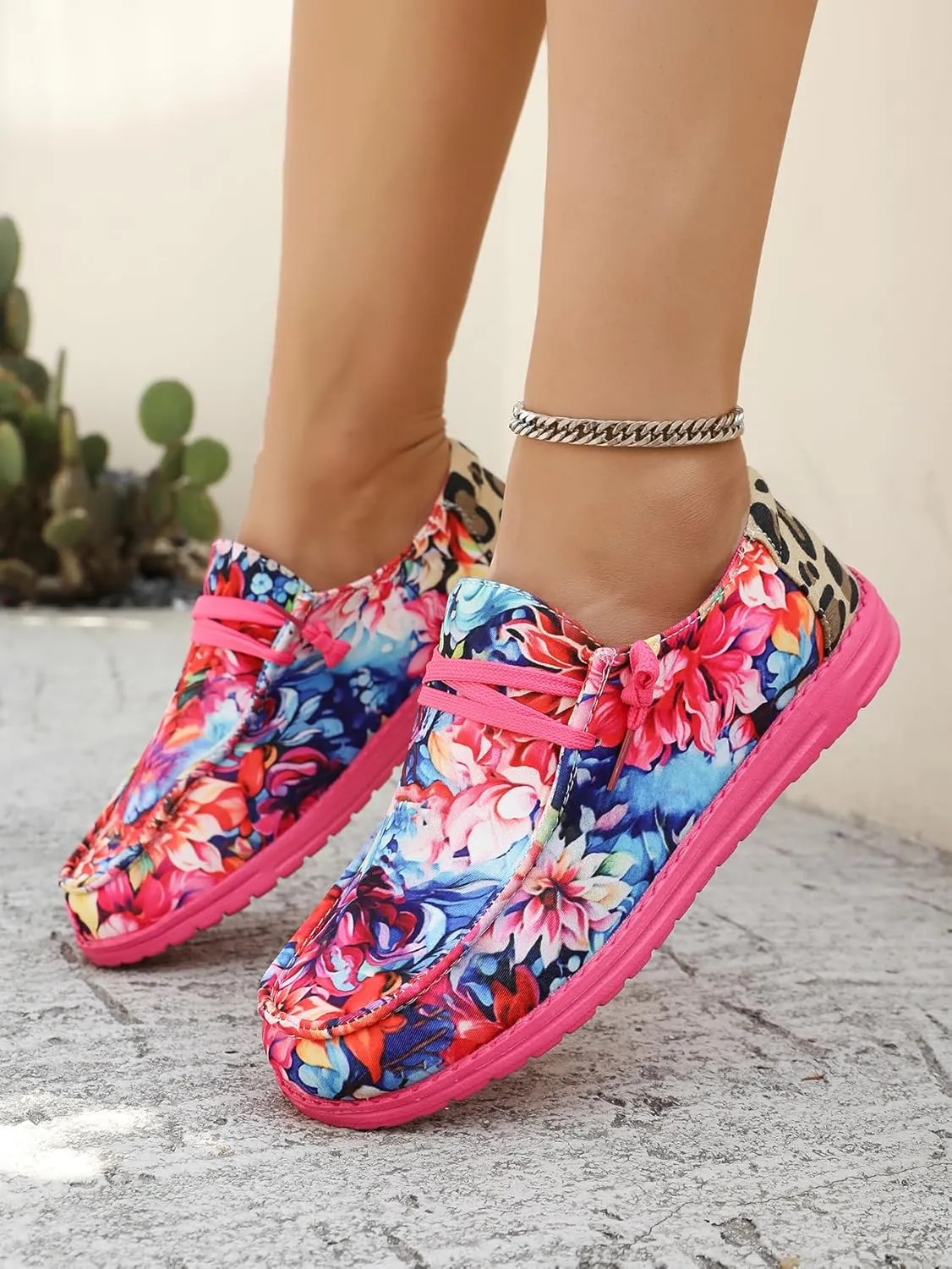 Women's Floral & Leopard Print Sneakers – Playful Summer Casual Shoes – Vibrant Walking Shoes for Vacations & Outings