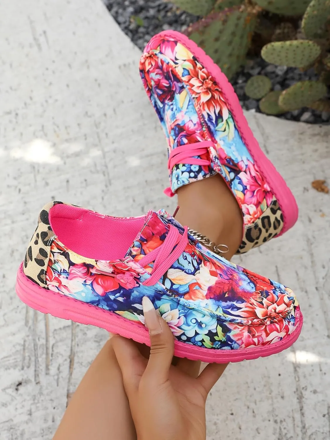 Women's Floral & Leopard Print Sneakers – Playful Summer Casual Shoes – Vibrant Walking Shoes for Vacations & Outings