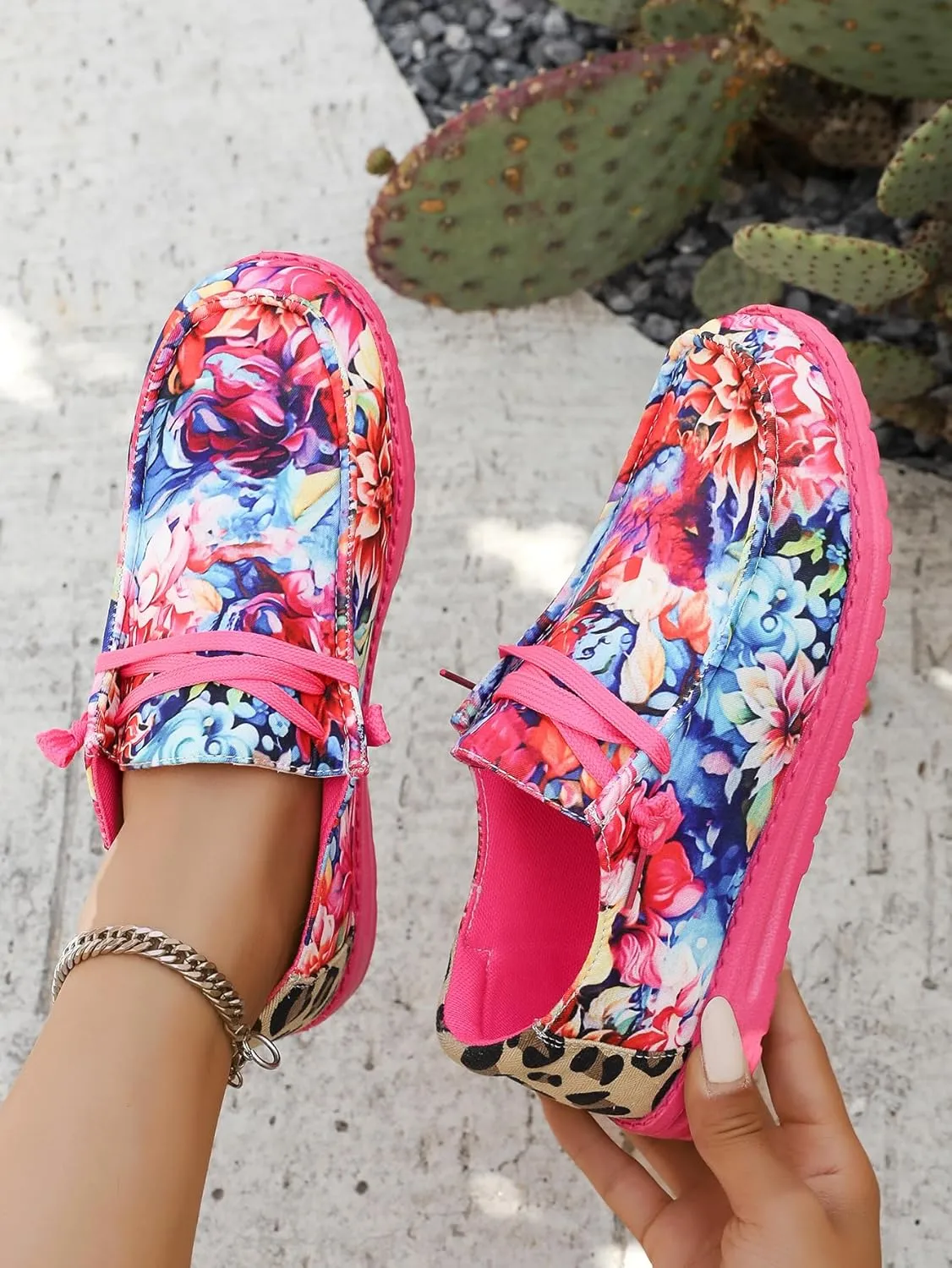 Women's Floral & Leopard Print Sneakers – Playful Summer Casual Shoes – Vibrant Walking Shoes for Vacations & Outings