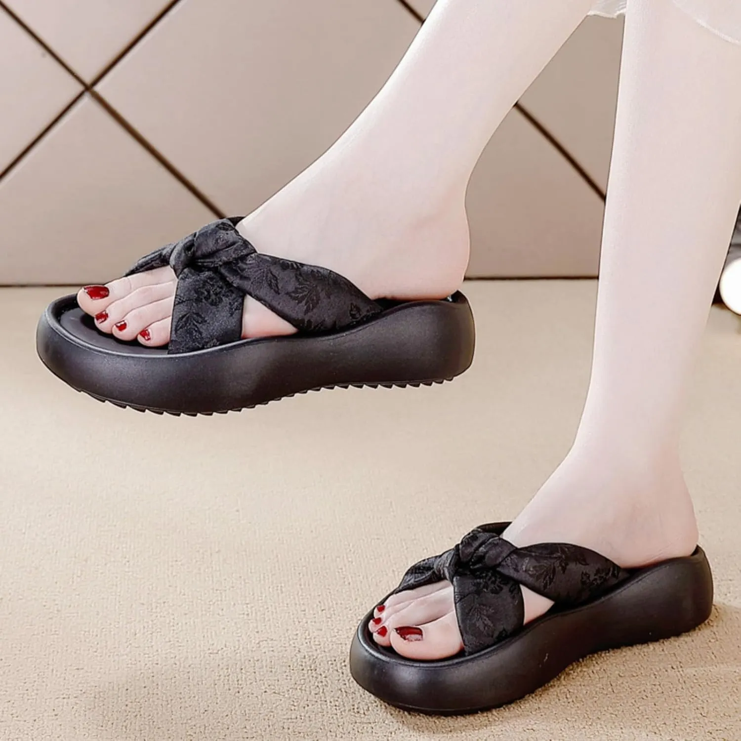 Women's Floral Bow Platform Slide Sandals - Textured Non-Slip Sole, Breathable Adjustable Straps for Summer Casual Comfort