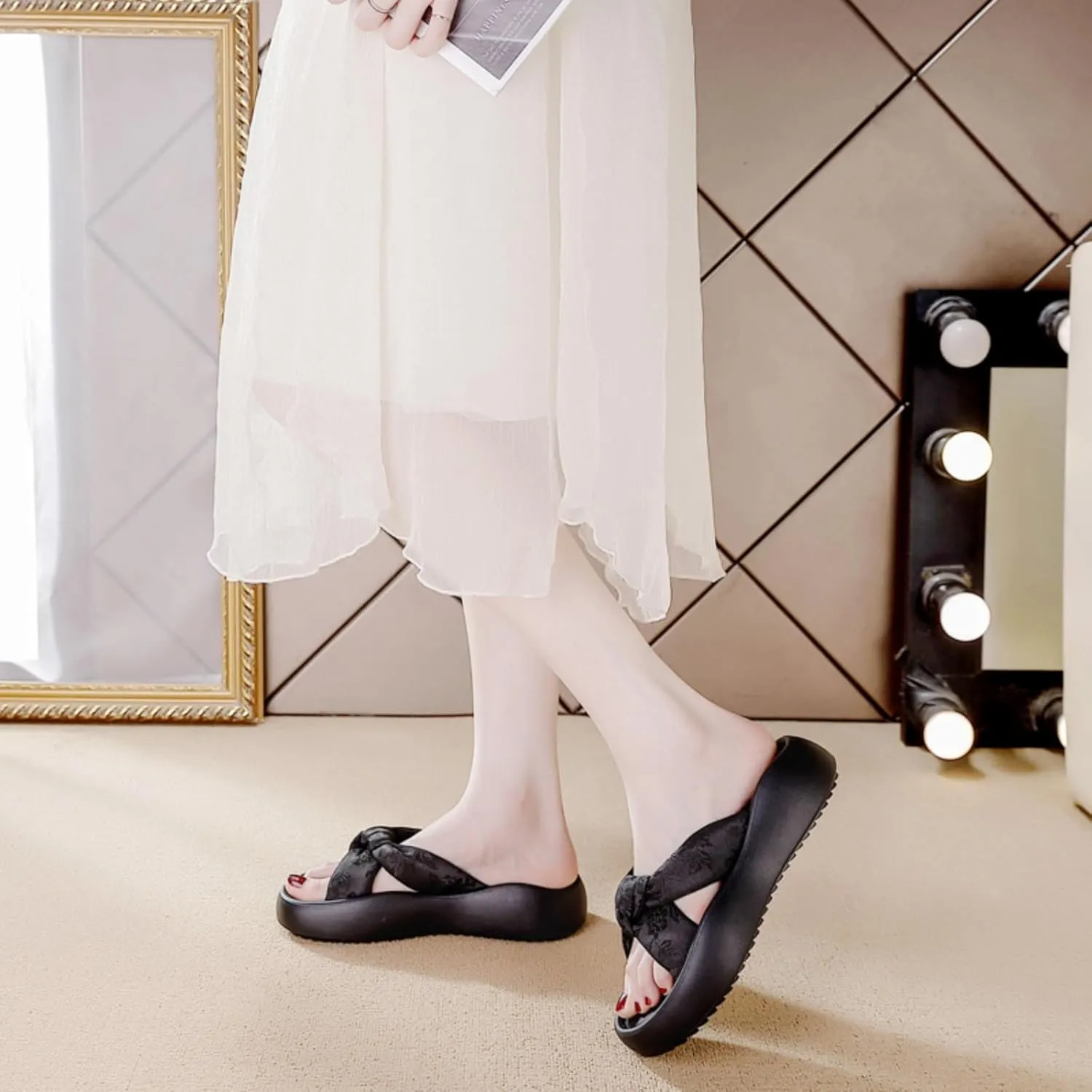 Women's Floral Bow Platform Slide Sandals - Textured Non-Slip Sole, Breathable Adjustable Straps for Summer Casual Comfort