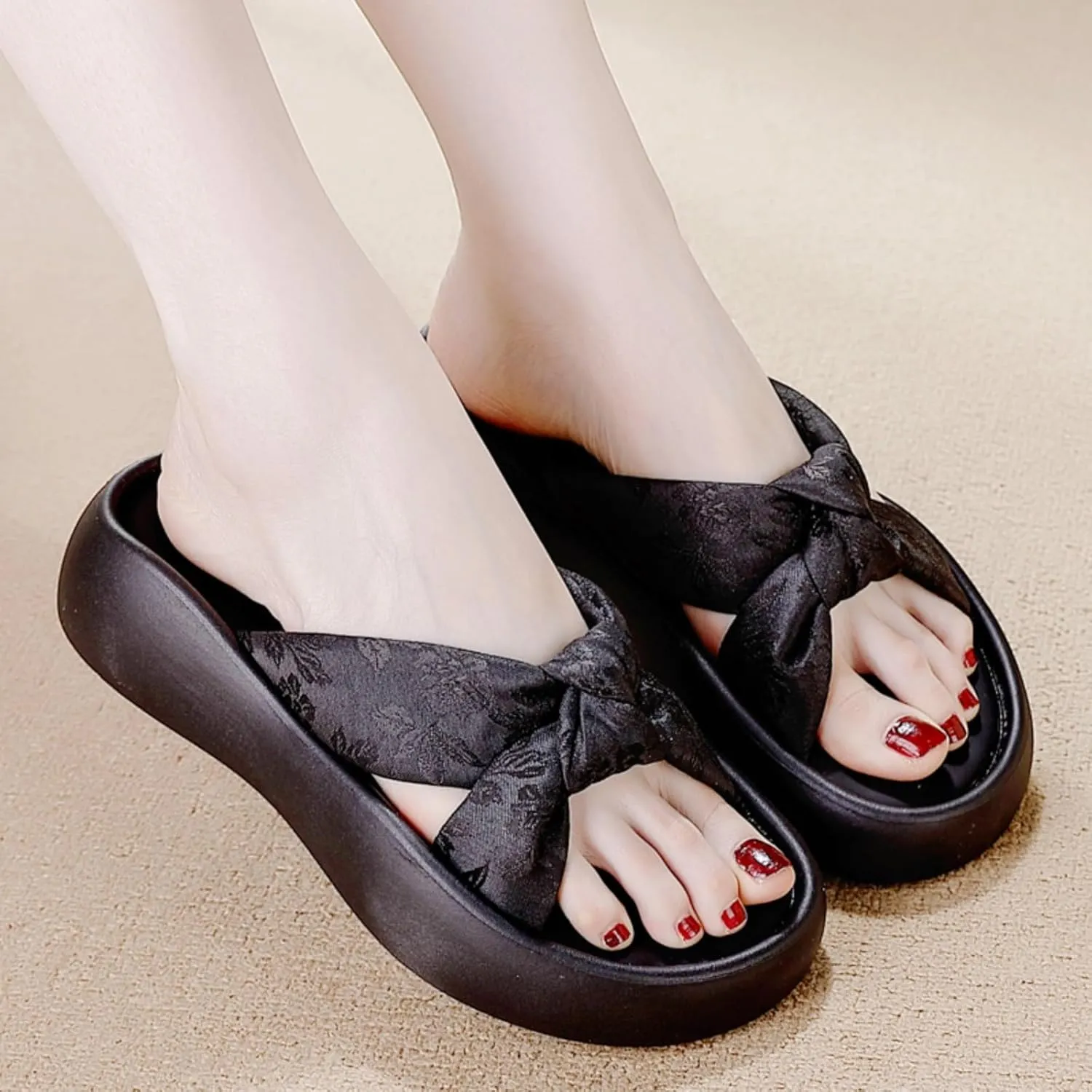 Women's Floral Bow Platform Slide Sandals - Textured Non-Slip Sole, Breathable Adjustable Straps for Summer Casual Comfort