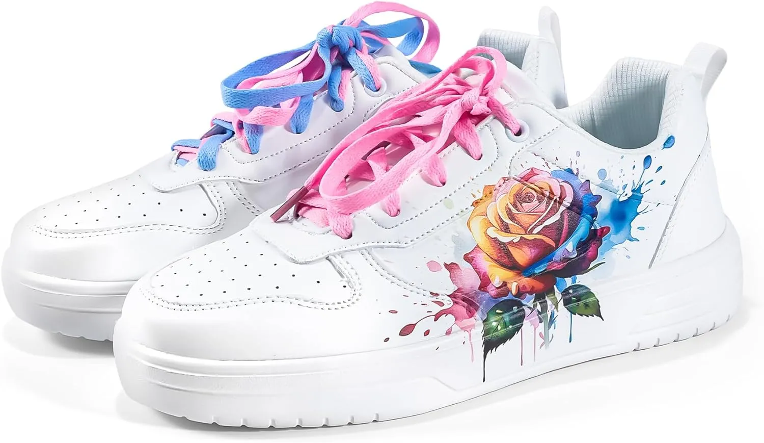 Women's Floral Walking Sneakers - Comfortable Lace-Up White Tennis Shoes with Sunflowers Prints