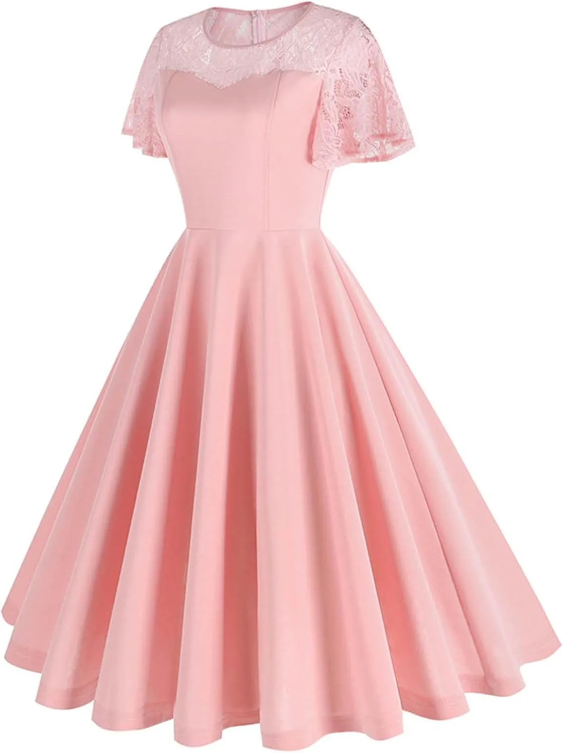 Womens Formal Dresses 1950s Mesh Floral Embroidery Vintage Cocktail Swing Ruffle Sleeve Midi Dress Prom Ball Gown