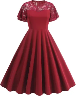 Womens Formal Dresses 1950s Mesh Floral Embroidery Vintage Cocktail Swing Ruffle Sleeve Midi Dress Prom Ball Gown