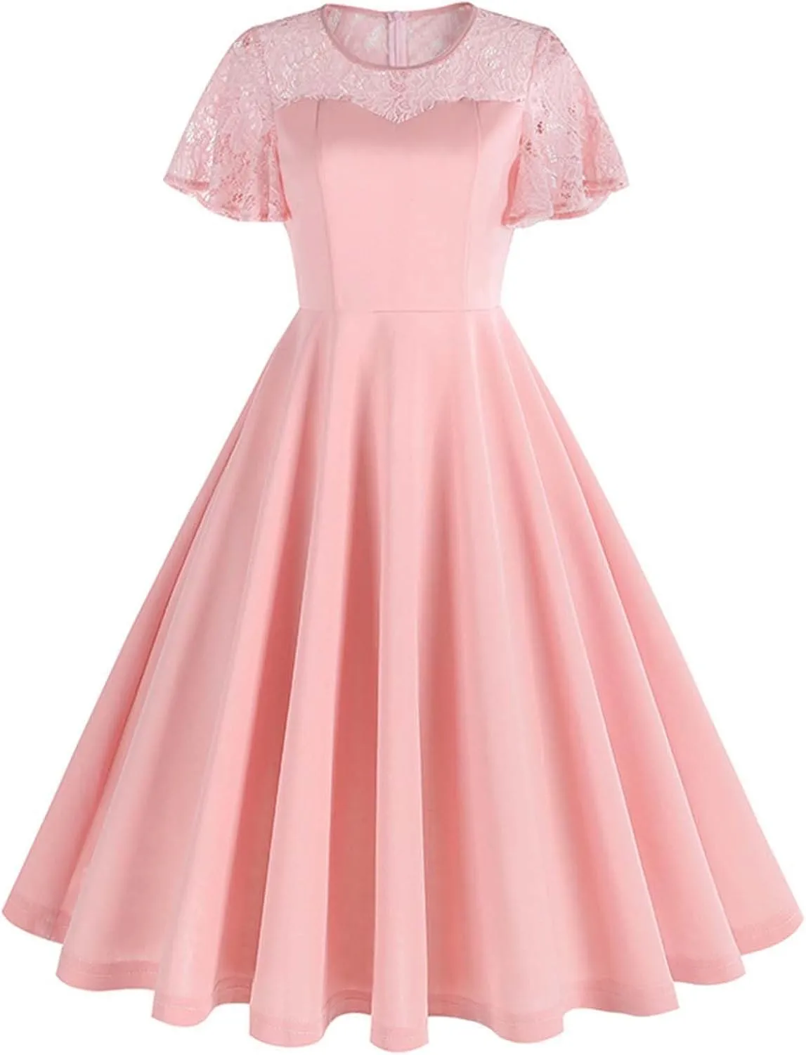 Womens Formal Dresses 1950s Mesh Floral Embroidery Vintage Cocktail Swing Ruffle Sleeve Midi Dress Prom Ball Gown