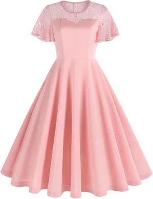 Womens Formal Dresses 1950s Mesh Floral Embroidery Vintage Cocktail Swing Ruffle Sleeve Midi Dress Prom Ball Gown