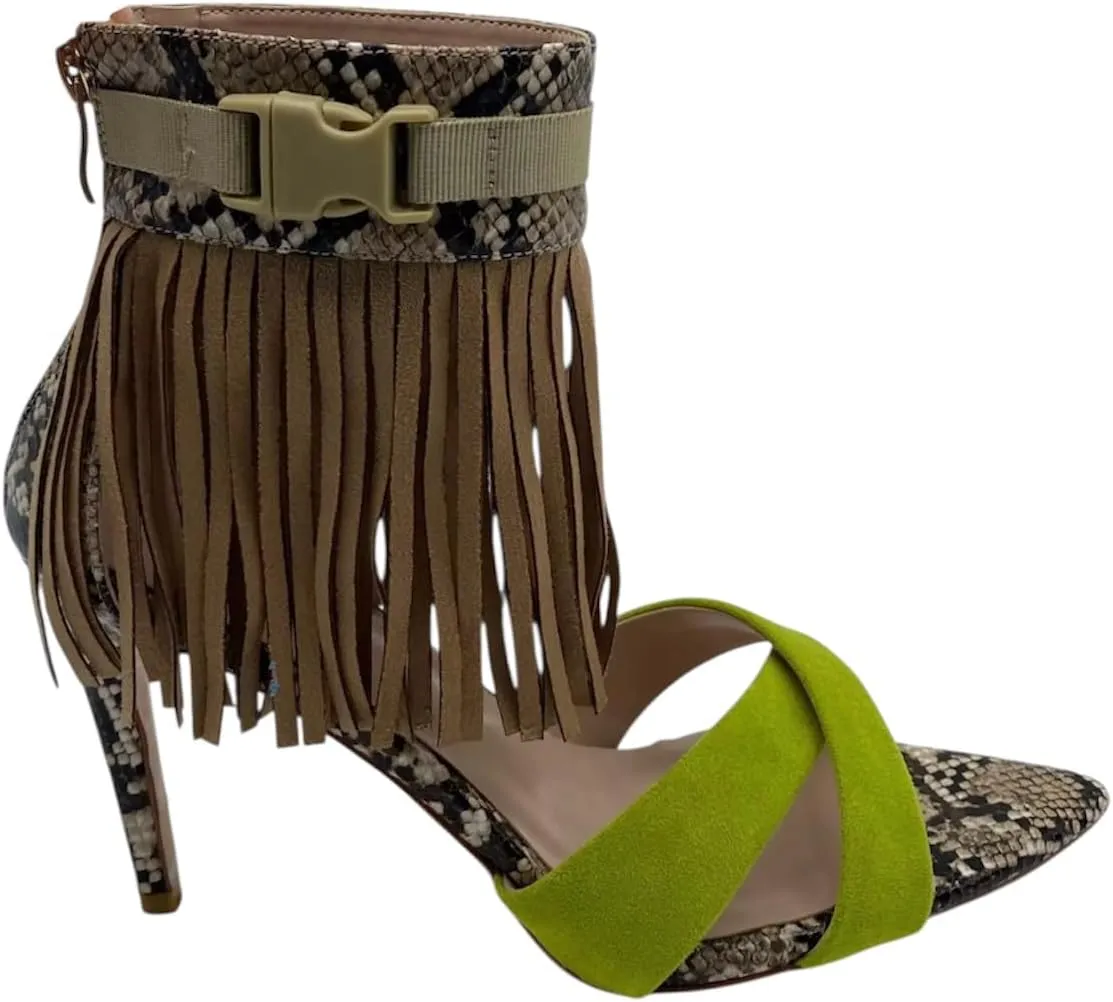 Women's Fringe Buckle Strap Snakeskin Heels-Lime Green Suede & Faux Python Open Toe Sandals. Size Inclusive.