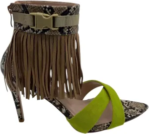 Women's Fringe Buckle Strap Snakeskin Heels-Lime Green Suede & Faux Python Open Toe Sandals. Size Inclusive.