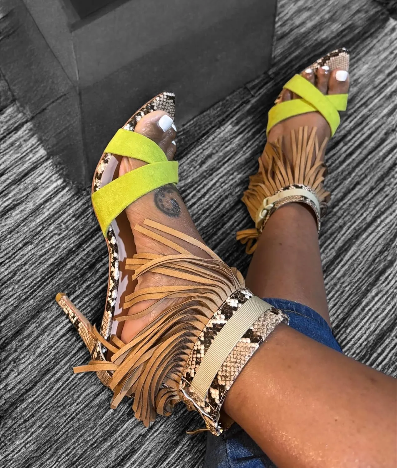 Women's Fringe Buckle Strap Snakeskin Heels-Lime Green Suede & Faux Python Open Toe Sandals. Size Inclusive.