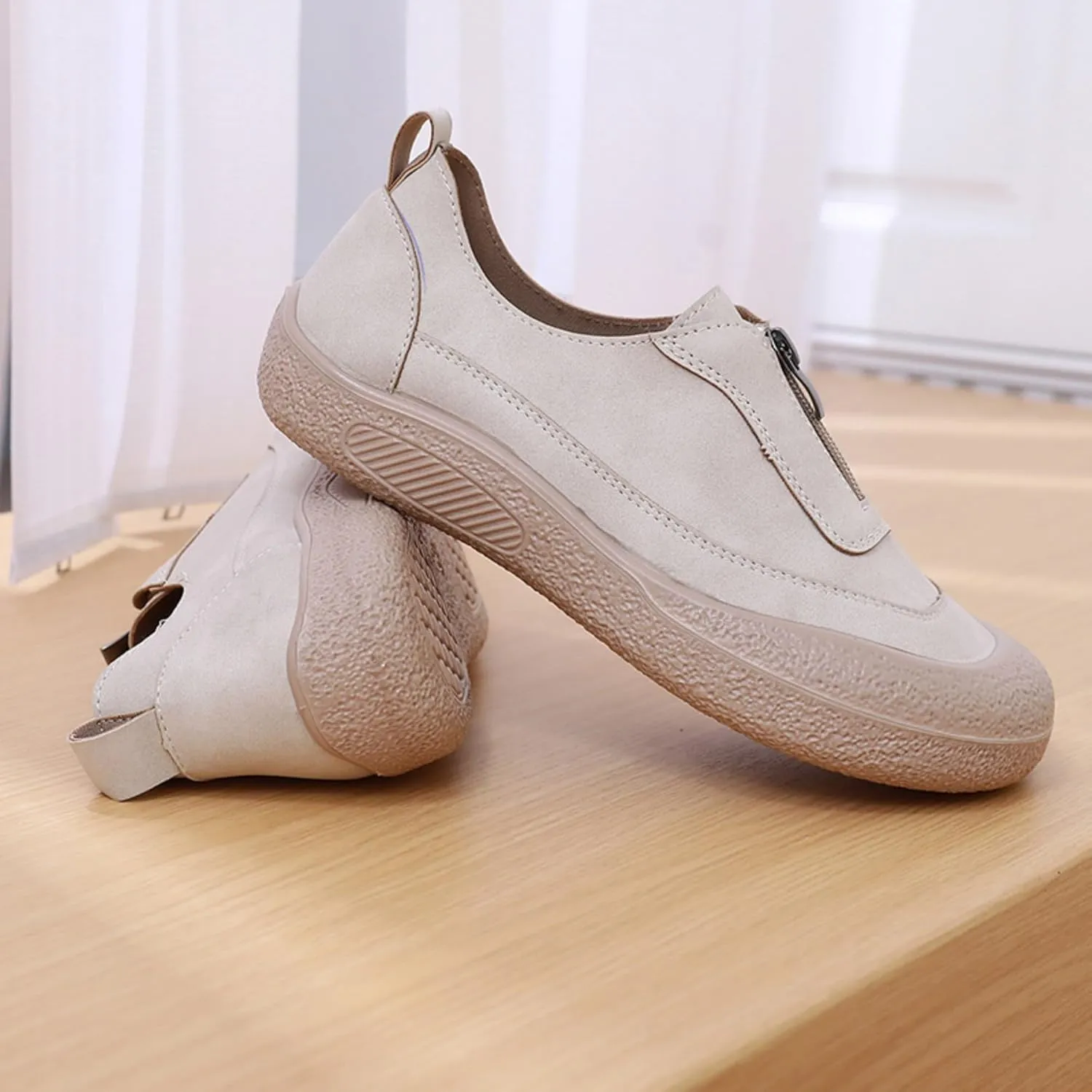 Women's Front Zipper Loafers Casual Slip-On Mom Walking Shoes