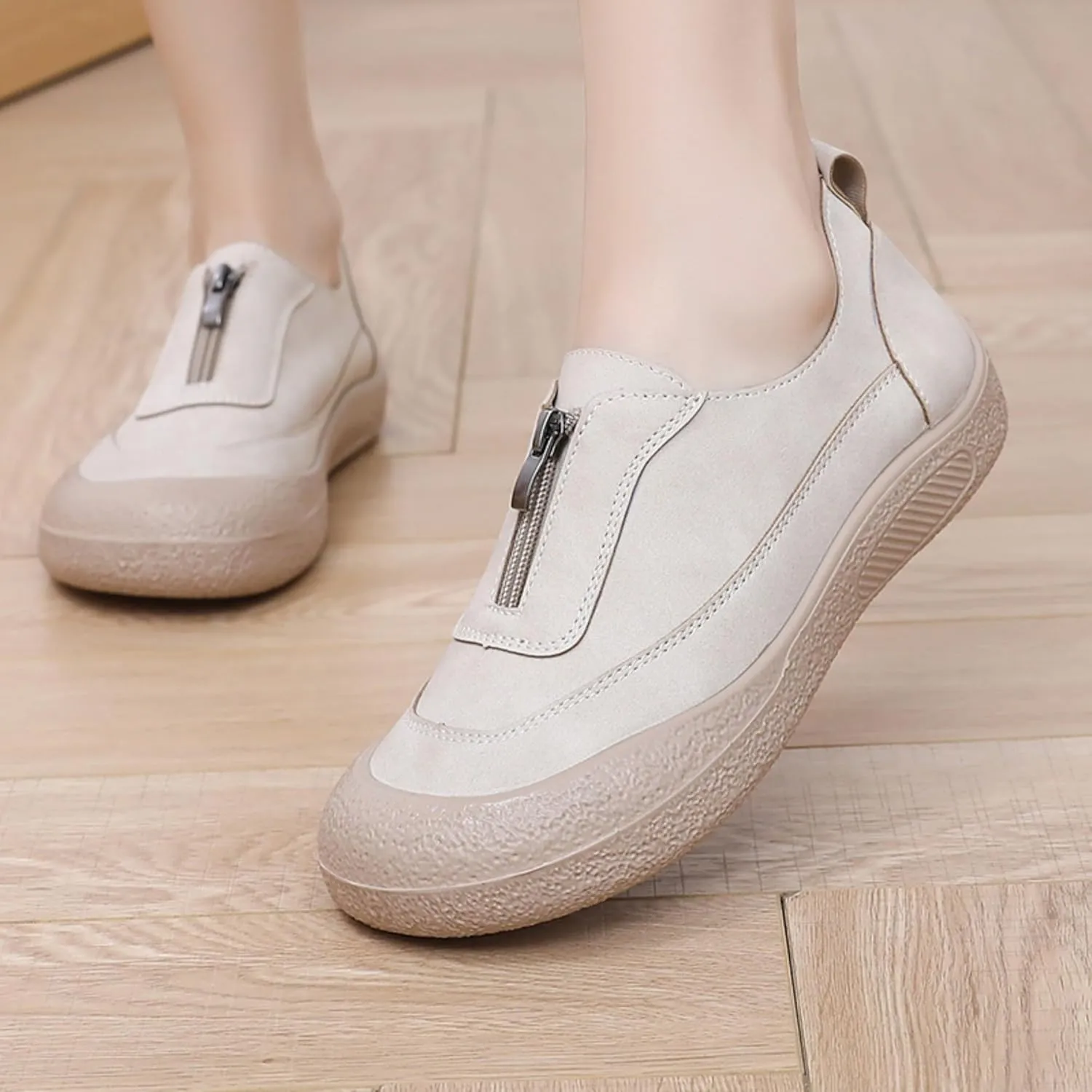 Women's Front Zipper Loafers Casual Slip-On Mom Walking Shoes