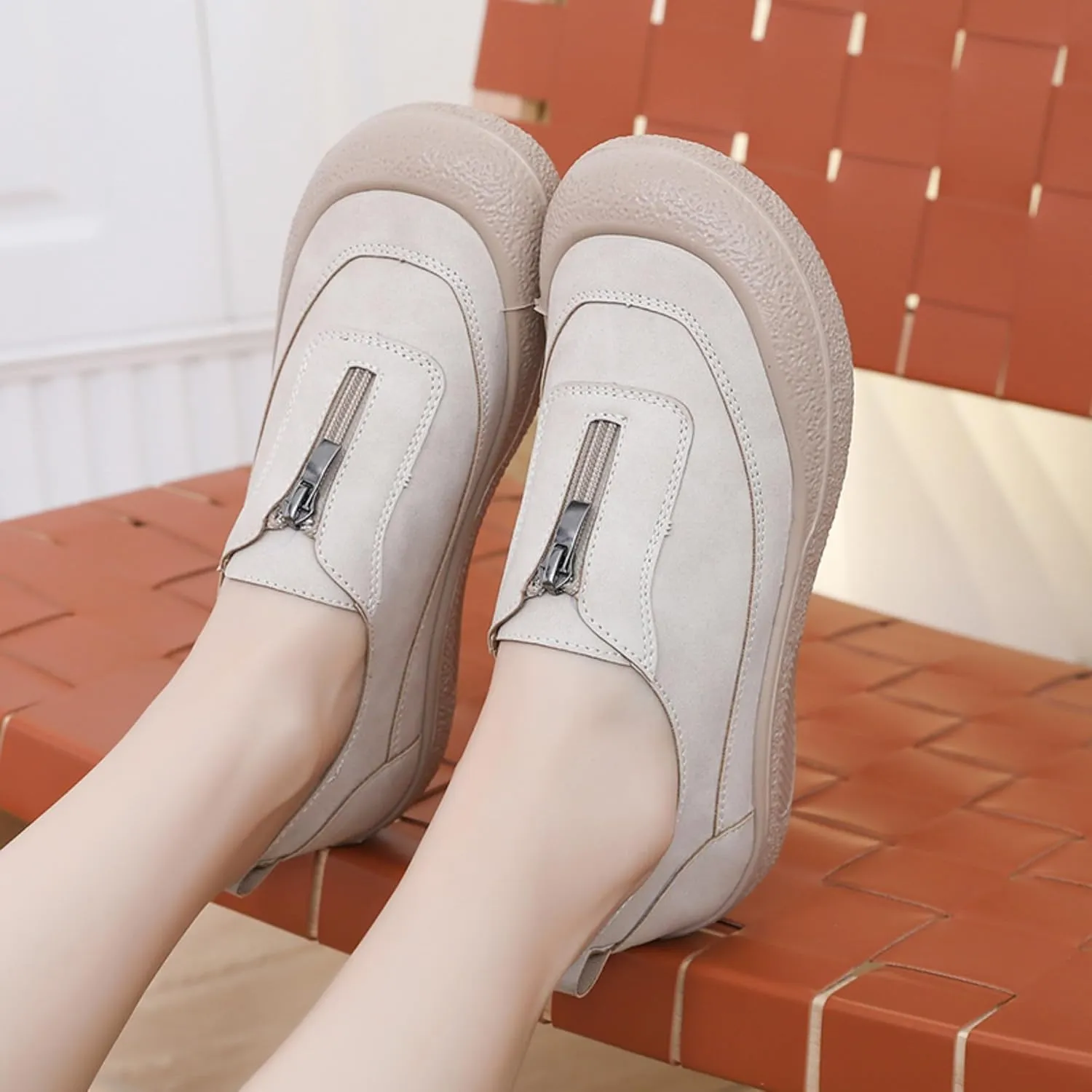 Women's Front Zipper Loafers Casual Slip-On Mom Walking Shoes