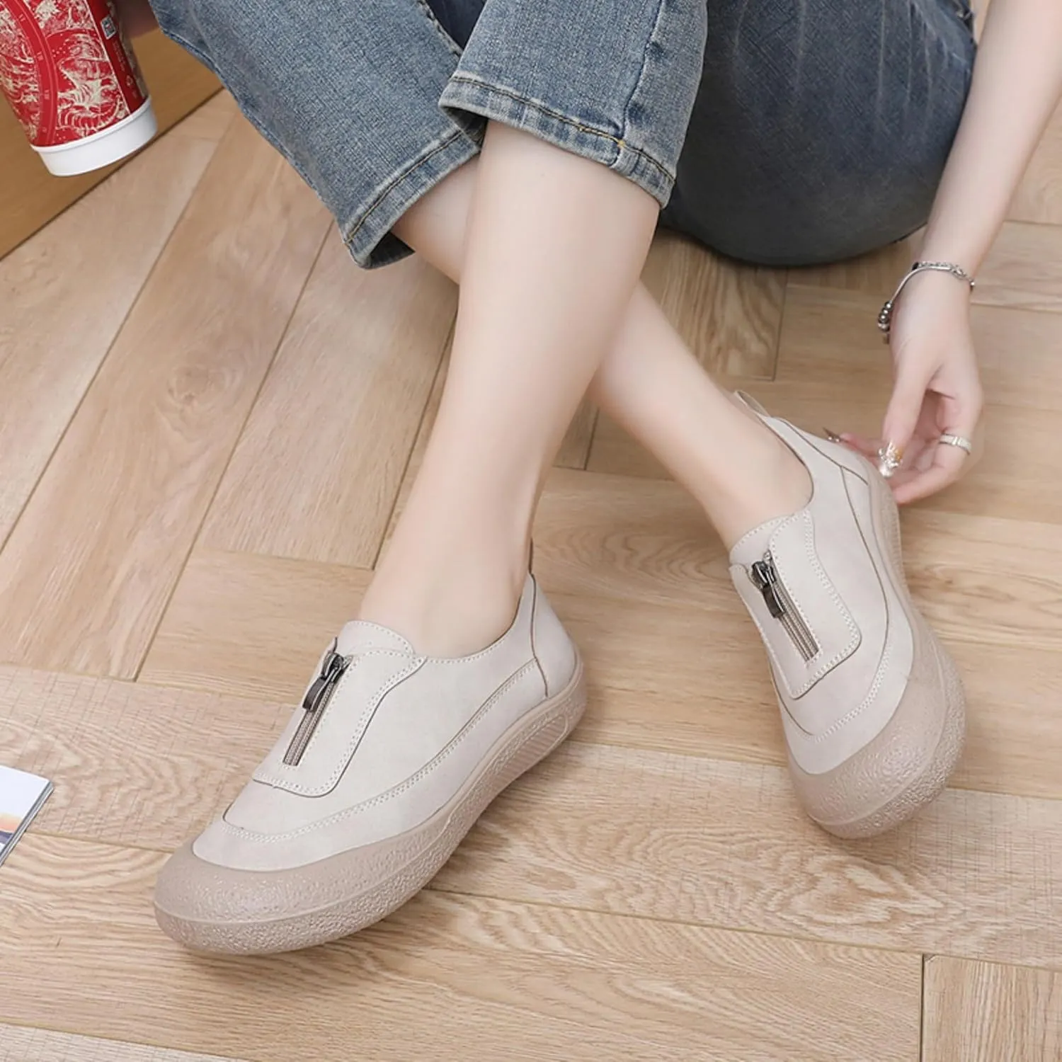Women's Front Zipper Loafers Casual Slip-On Mom Walking Shoes