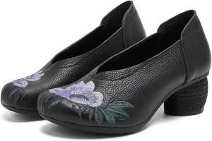 Women's Genuine Leather Embroidered Vintage Cutout Block Heel Pumps Closed Round Toe Comfortable Non Slip Slip On Chunky Heel Casual Mam Loafers for Daily Traveling Walking Work