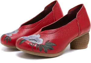 Women's Genuine Leather Embroidered Vintage Cutout Block Heel Pumps Closed Round Toe Comfortable Non Slip Slip On Chunky Heel Casual Mam Loafers for Daily Traveling Walking Work