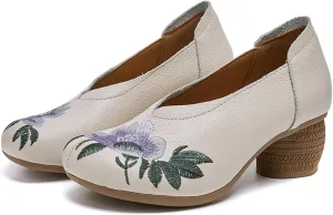 Women's Genuine Leather Embroidered Vintage Cutout Block Heel Pumps Closed Round Toe Comfortable Non Slip Slip On Chunky Heel Casual Mam Loafers for Daily Traveling Walking Work