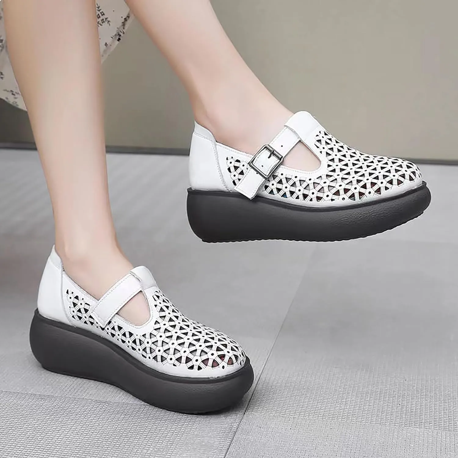 Women's Genuine Leather Hollow Out Orthotic Platform Mary Jane Sneakers Adjustable Hook and Loop T-Strap Casual Breathable Comfortable Chunky Wedge Arch Support Walking Shoes