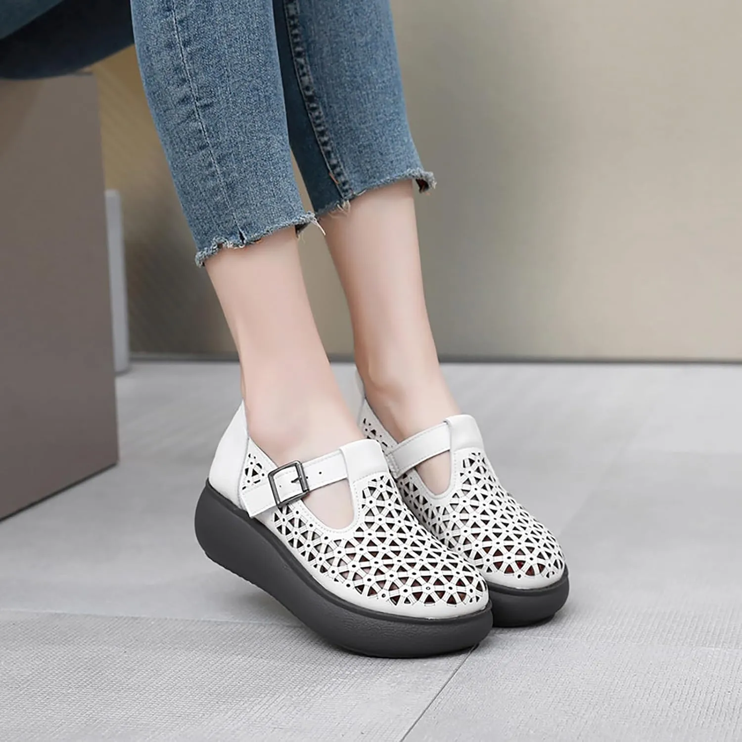 Women's Genuine Leather Hollow Out Orthotic Platform Mary Jane Sneakers Adjustable Hook and Loop T-Strap Casual Breathable Comfortable Chunky Wedge Arch Support Walking Shoes