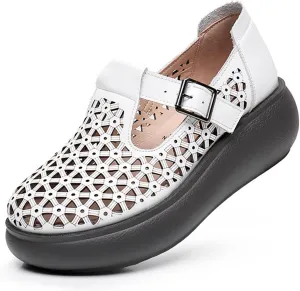 Women's Genuine Leather Hollow Out Orthotic Platform Mary Jane Sneakers Adjustable Hook and Loop T-Strap Casual Breathable Comfortable Chunky Wedge Arch Support Walking Shoes