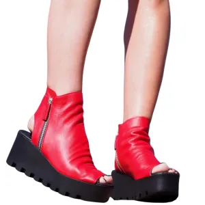 Women's Genuine Leather Open-toe Summer Boots - Handmade Red Platform Sandals, Leather Wedges, Unique Summer Open Toe Booties- Sizes 5 to 9