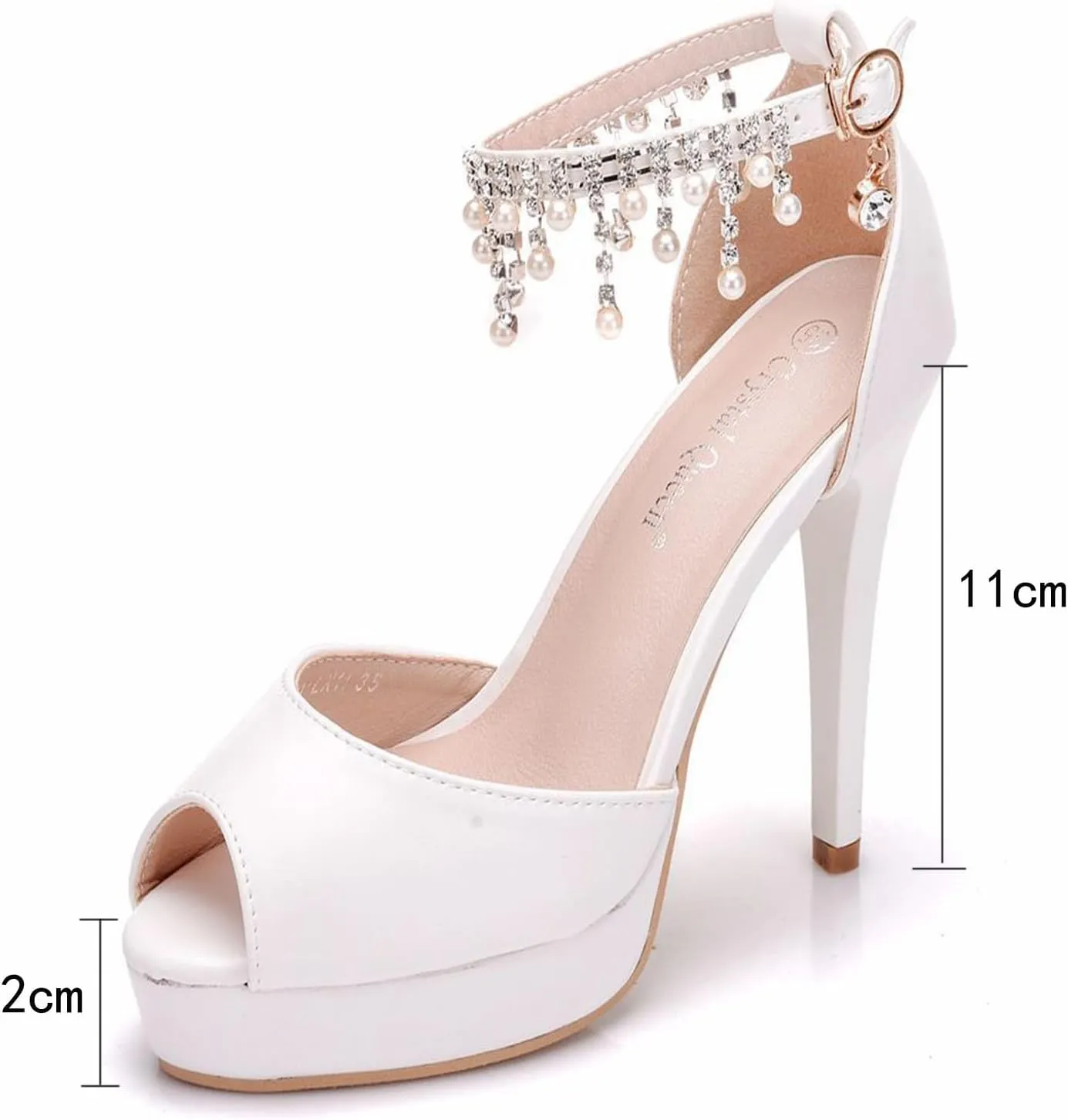 Women's Glitter Rhinestone High Heels, Tassels Pearl Platform Open Toe Stiletto Heel Sandals Ankle Strap Hollow Pumps Shoes 11 CM