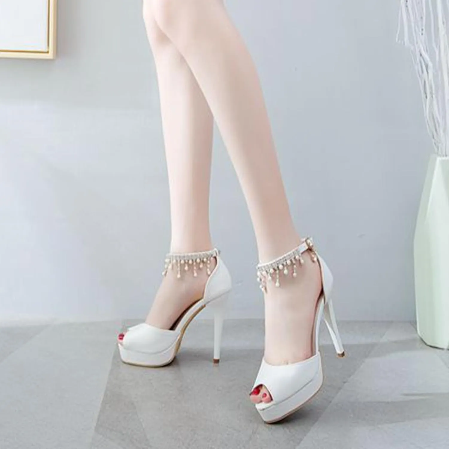 Women's Glitter Rhinestone High Heels, Tassels Pearl Platform Open Toe Stiletto Heel Sandals Ankle Strap Hollow Pumps Shoes 11 CM