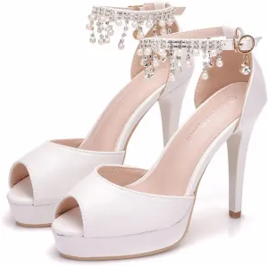 Women's Glitter Rhinestone High Heels, Tassels Pearl Platform Open Toe Stiletto Heel Sandals Ankle Strap Hollow Pumps Shoes 11 CM