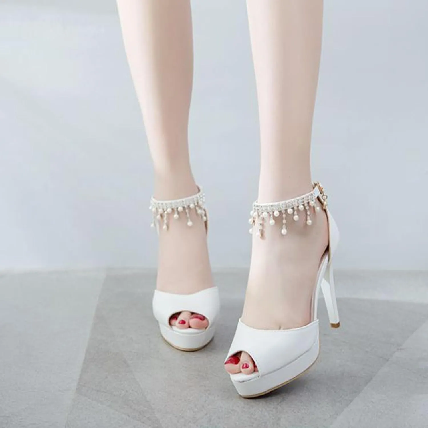 Women's Glitter Rhinestone High Heels, Tassels Pearl Platform Open Toe Stiletto Heel Sandals Ankle Strap Hollow Pumps Shoes 11 CM