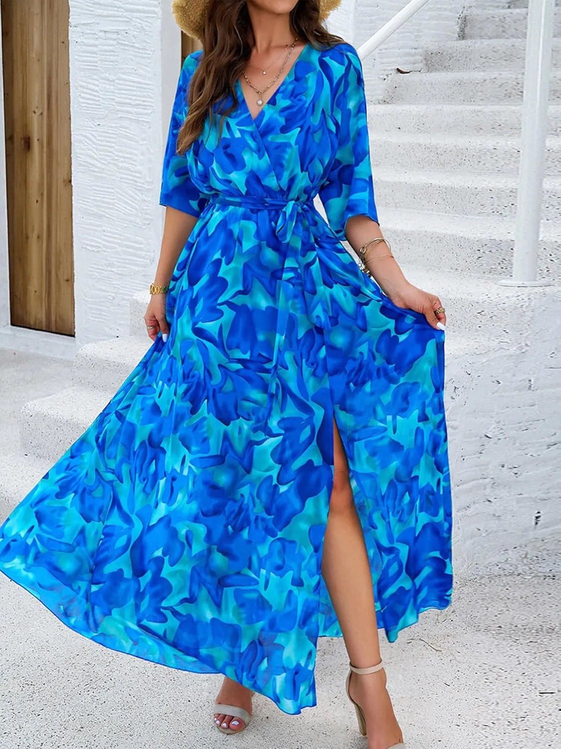 Womens Half Sleeve Wrap V Neck Chiffon Floral Casual Maxi Dress Spring Summer Wedding Guest Dresses for Women 2025