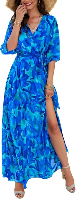 Womens Half Sleeve Wrap V Neck Chiffon Floral Casual Maxi Dress Spring Summer Wedding Guest Dresses for Women 2025