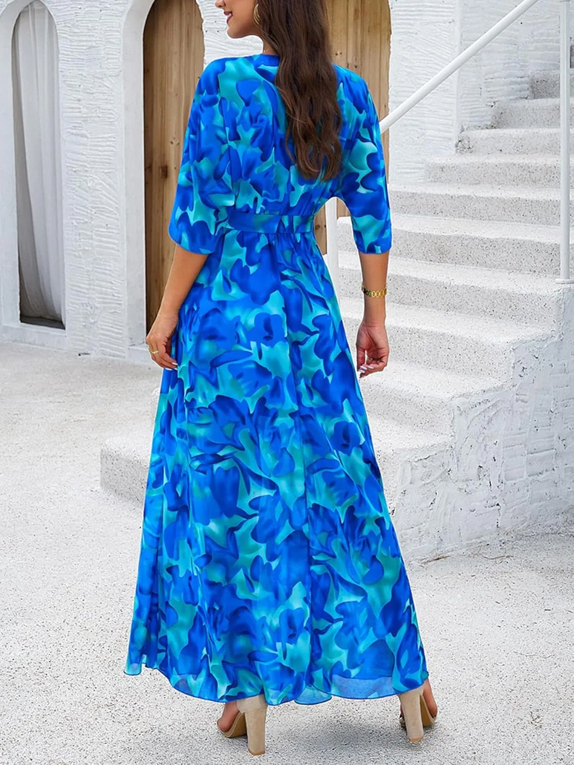Womens Half Sleeve Wrap V Neck Chiffon Floral Casual Maxi Dress Spring Summer Wedding Guest Dresses for Women 2025