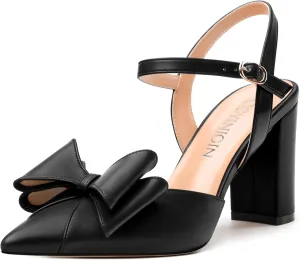 Women's Heeled Sandals, Double Bowknot Sandals Chunky High Heels Pumps, Sexy Closed Pointed Toe Ankle Strap Heels Slingback Slip on Comfortable wedding Bridal Dress Shoes