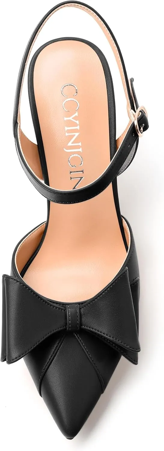 Women's Heeled Sandals, Double Bowknot Sandals Chunky High Heels Pumps, Sexy Closed Pointed Toe Ankle Strap Heels Slingback Slip on Comfortable wedding Bridal Dress Shoes