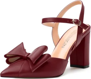 Women's Heeled Sandals, Double Bowknot Sandals Chunky High Heels Pumps, Sexy Closed Pointed Toe Ankle Strap Heels Slingback Slip on Comfortable wedding Bridal Dress Shoes